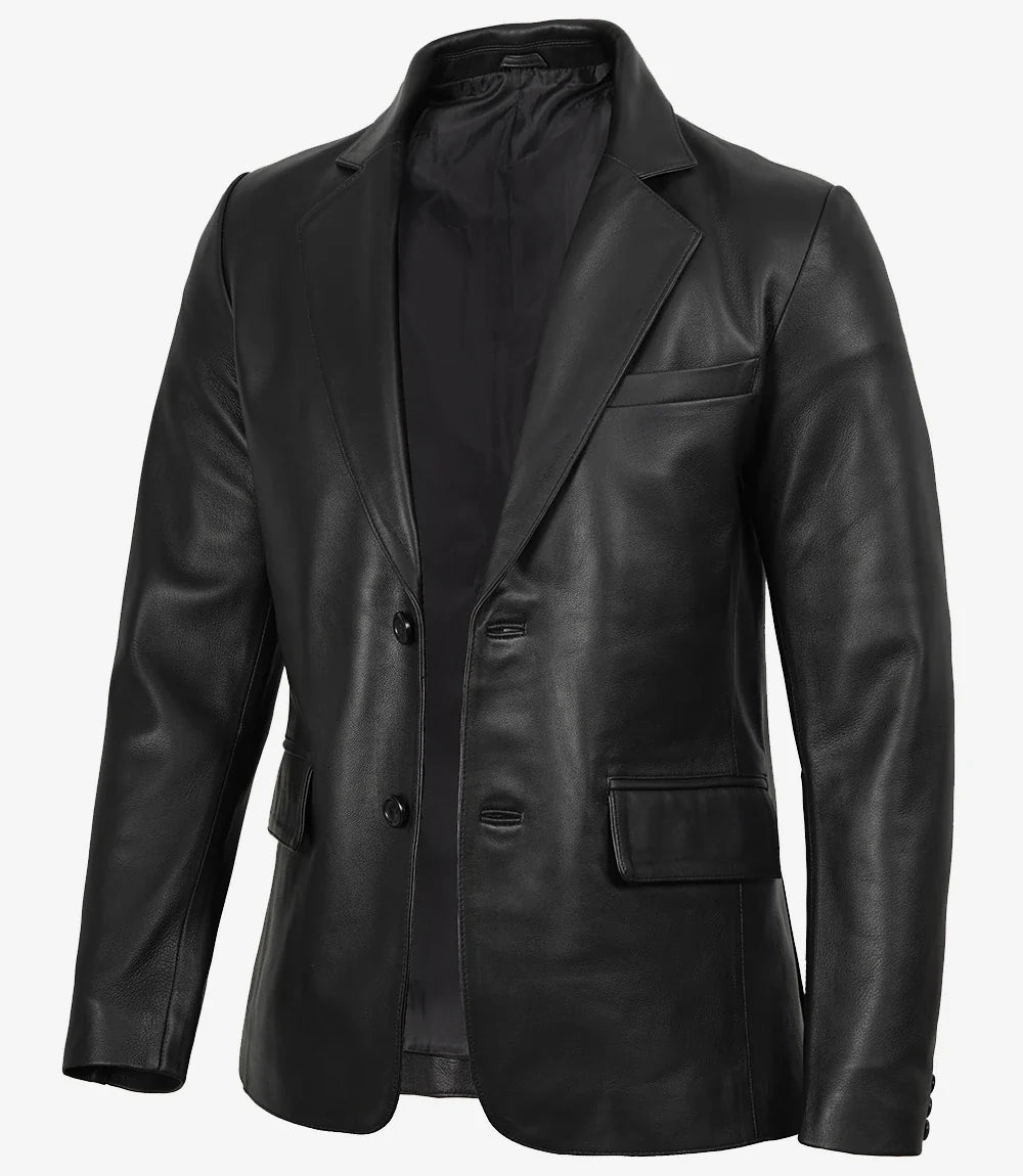 Real Leather Men's Notch Lapel Two Button Black Blazer Jacket