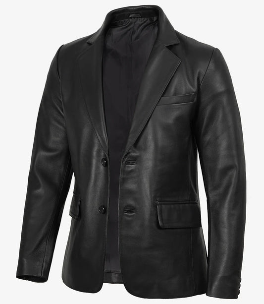 Real Leather Men's Notch Lapel Two Button Black Blazer Jacket