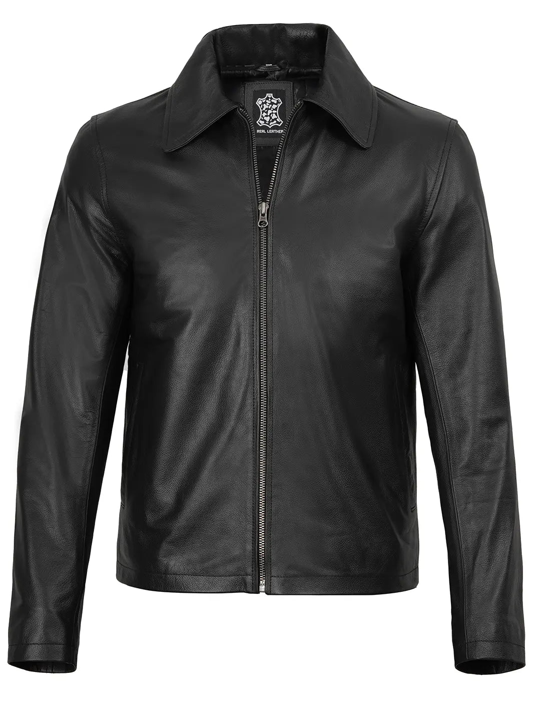 Men's Black Shirt Collar Cowhide Leather Jacket