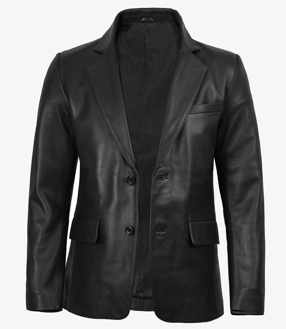 Real Leather Men's Notch Lapel Two Button Black Blazer Jacket