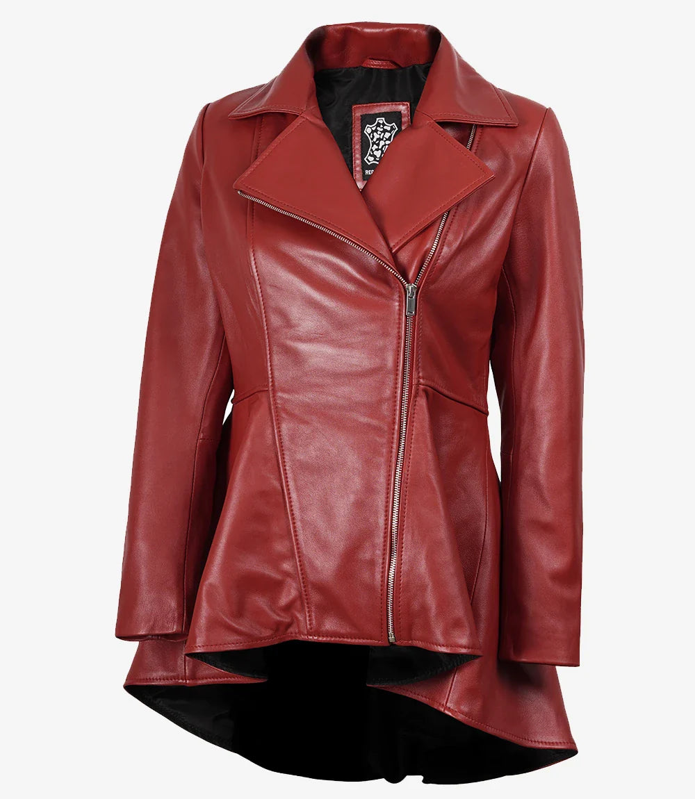 Clarissa Womens Red Asymmetrical Peplum Leather Jacket