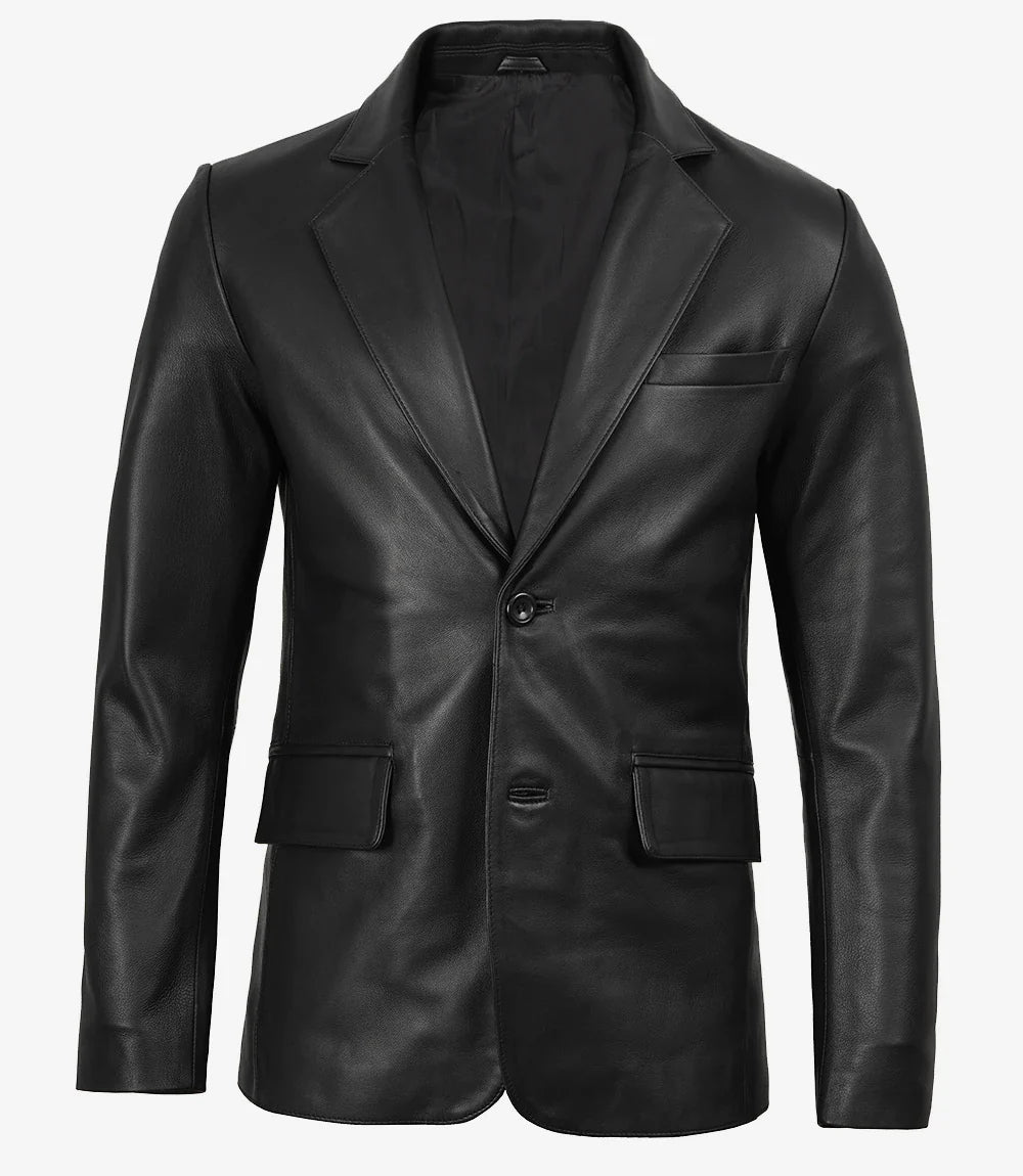 Real Leather Men's Notch Lapel Two Button Black Blazer Jacket