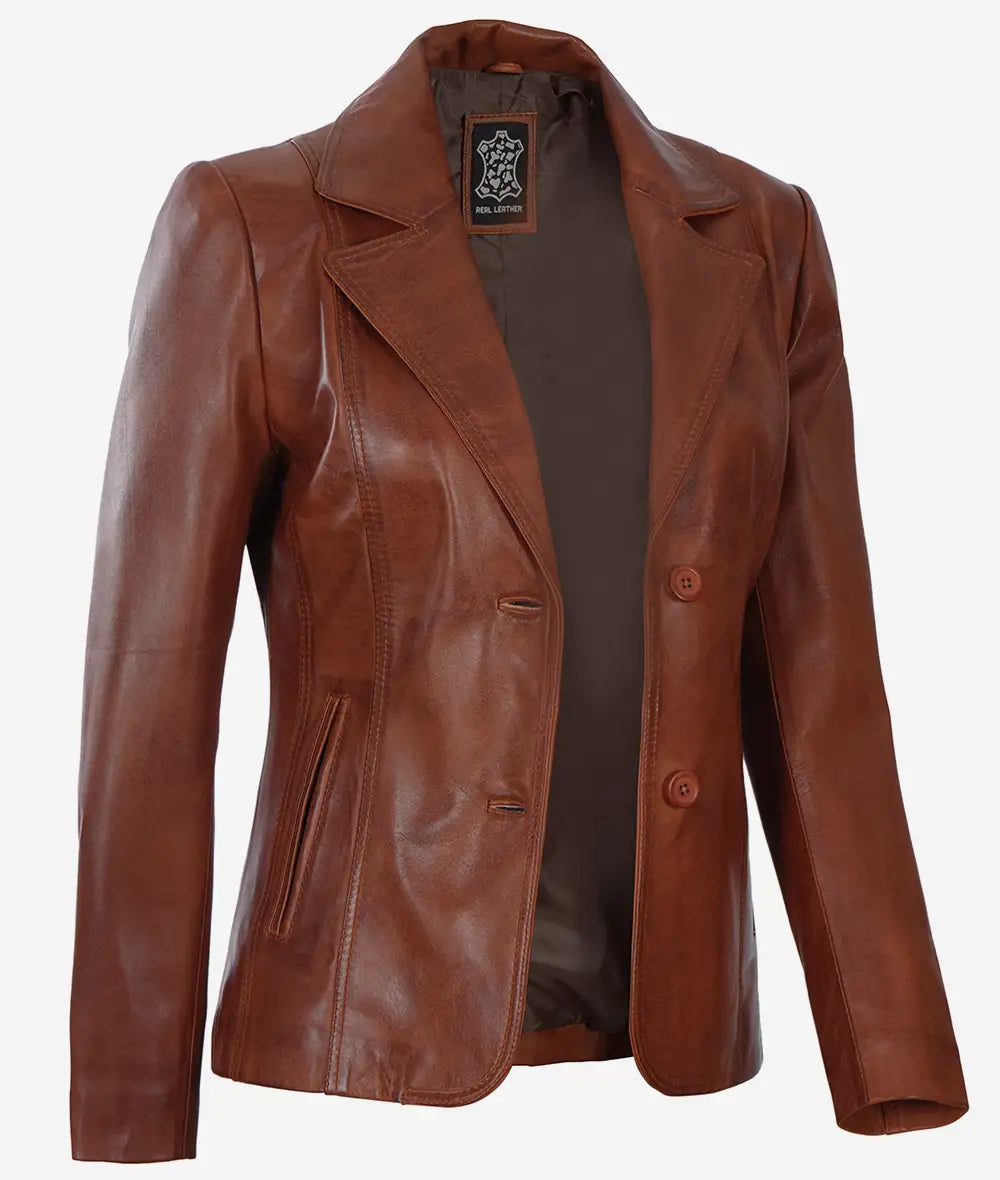 Women's Two Button Cognac Leather Blazer