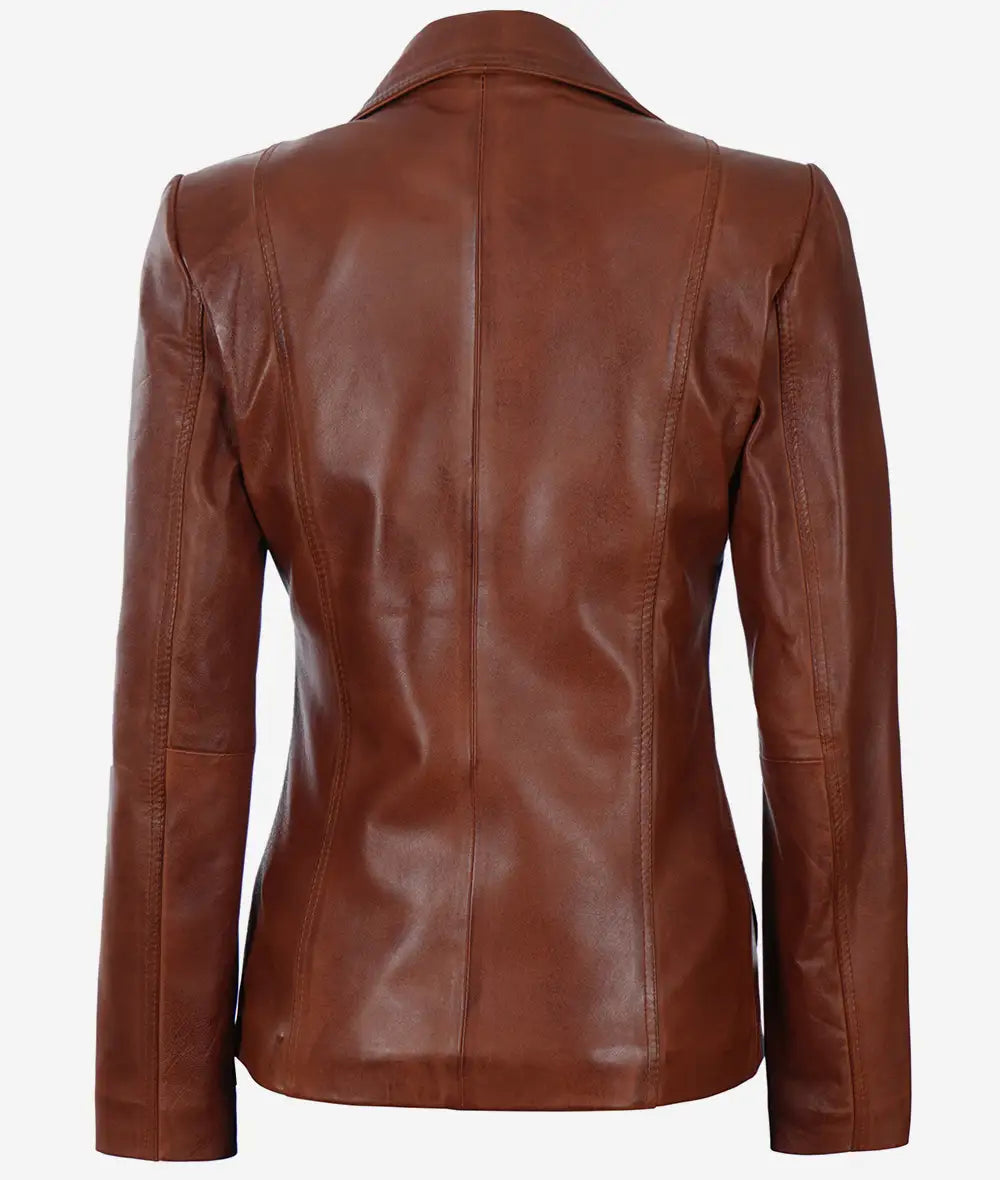 Women's Two Button Cognac Leather Blazer