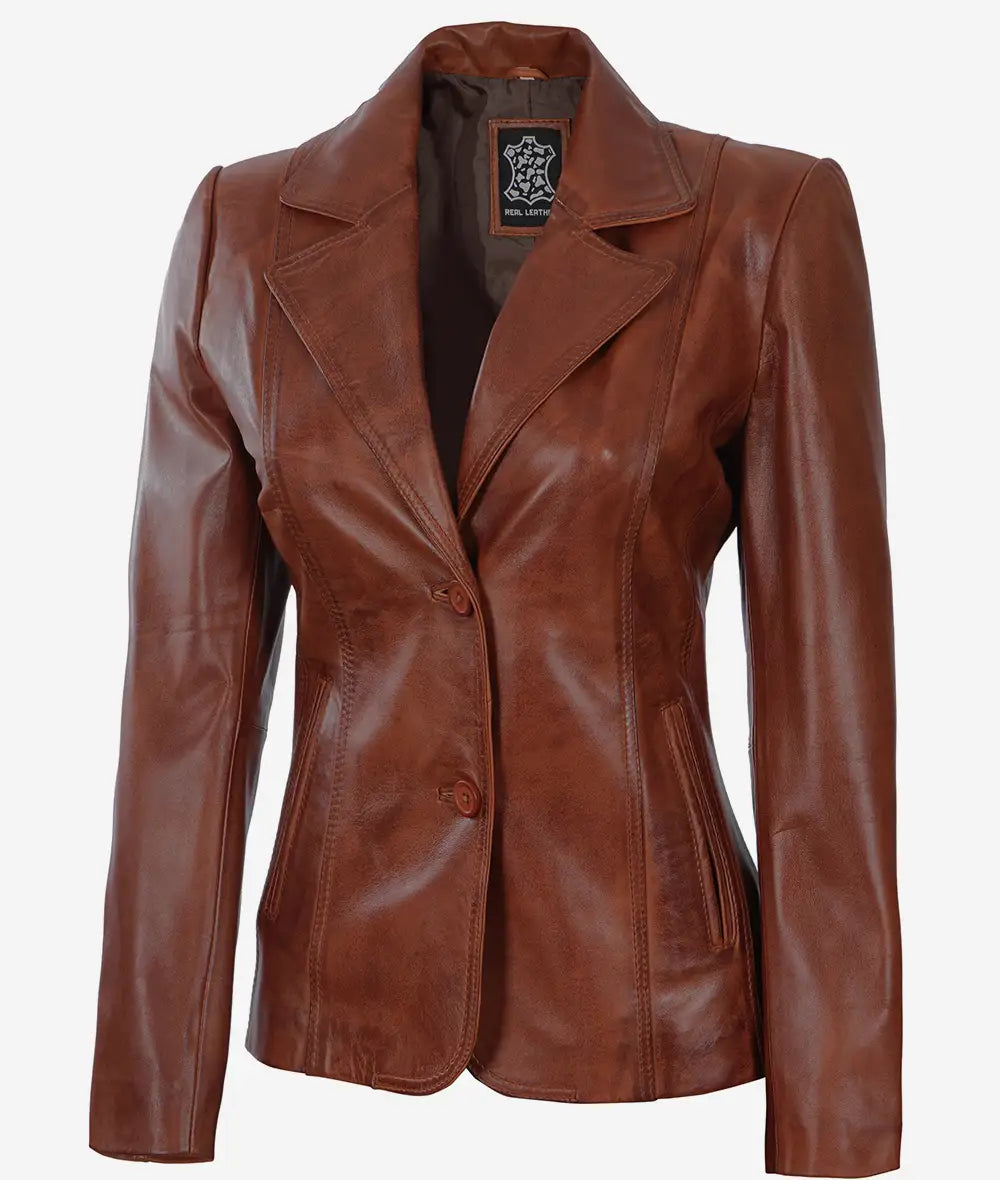Women's Two Button Cognac Leather Blazer