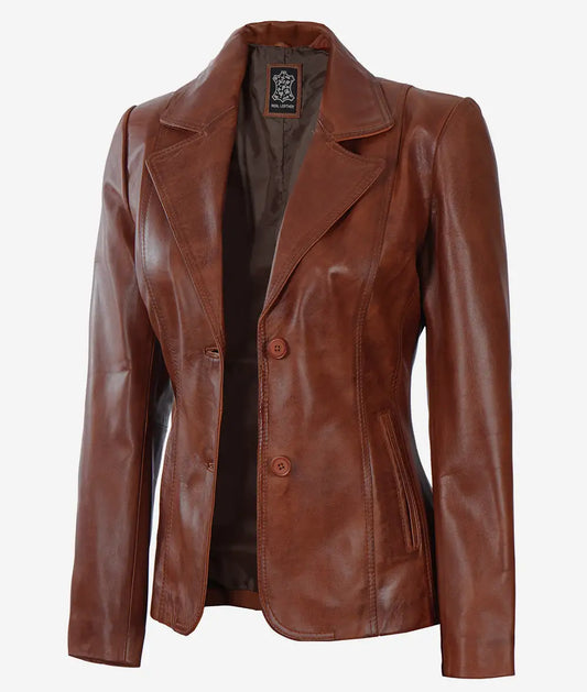 Women's Two Button Cognac Leather Blazer