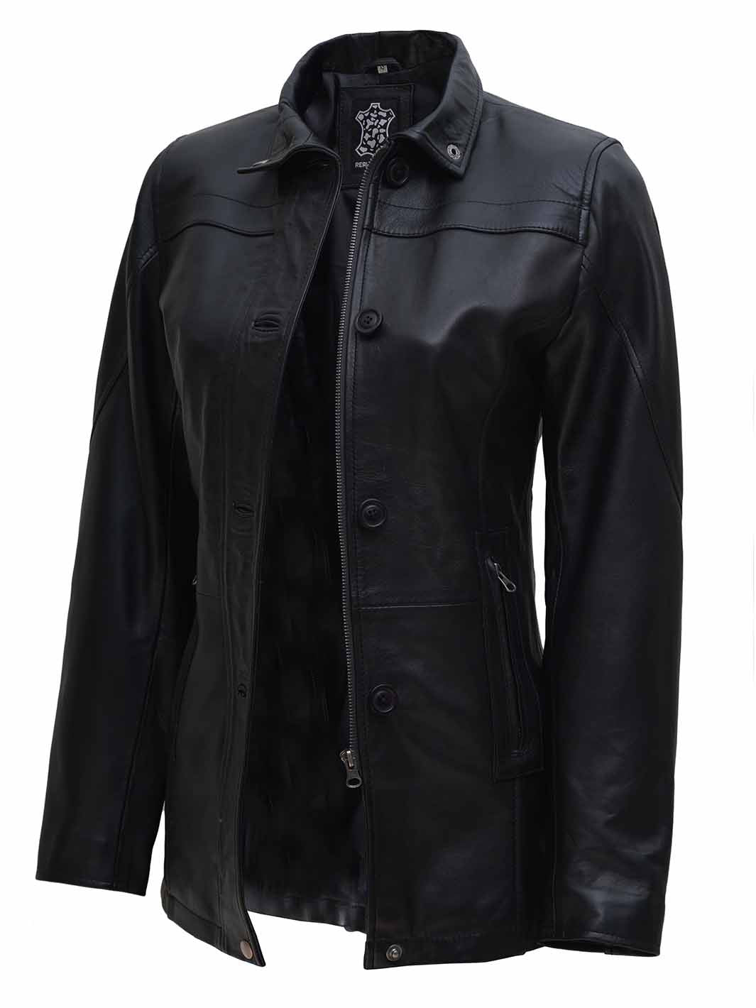 Womens Black 3/4 Length Real Leather Car Coat