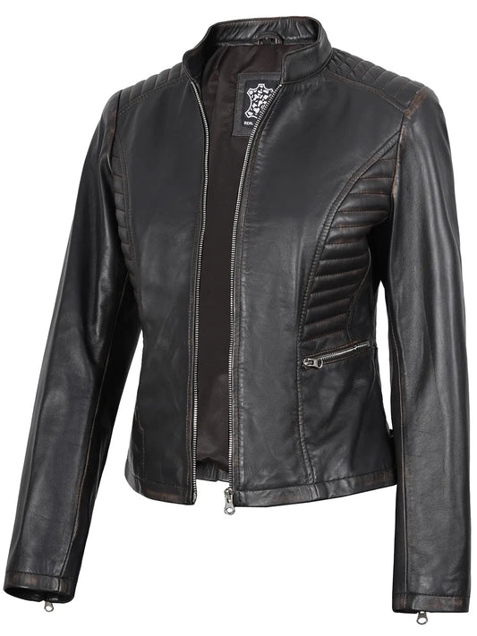 Real Leather Women's Dark Brown Biker Style Jacket