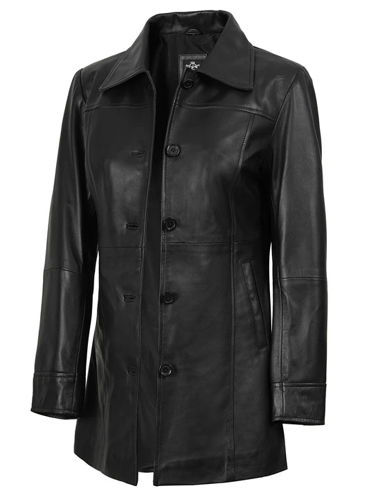 Kandis Womens Black 3/4 Length Leather Car Coat