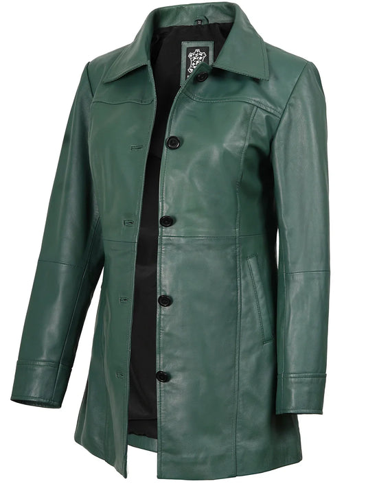 Kandis Women's Green Real Leather Car Coat