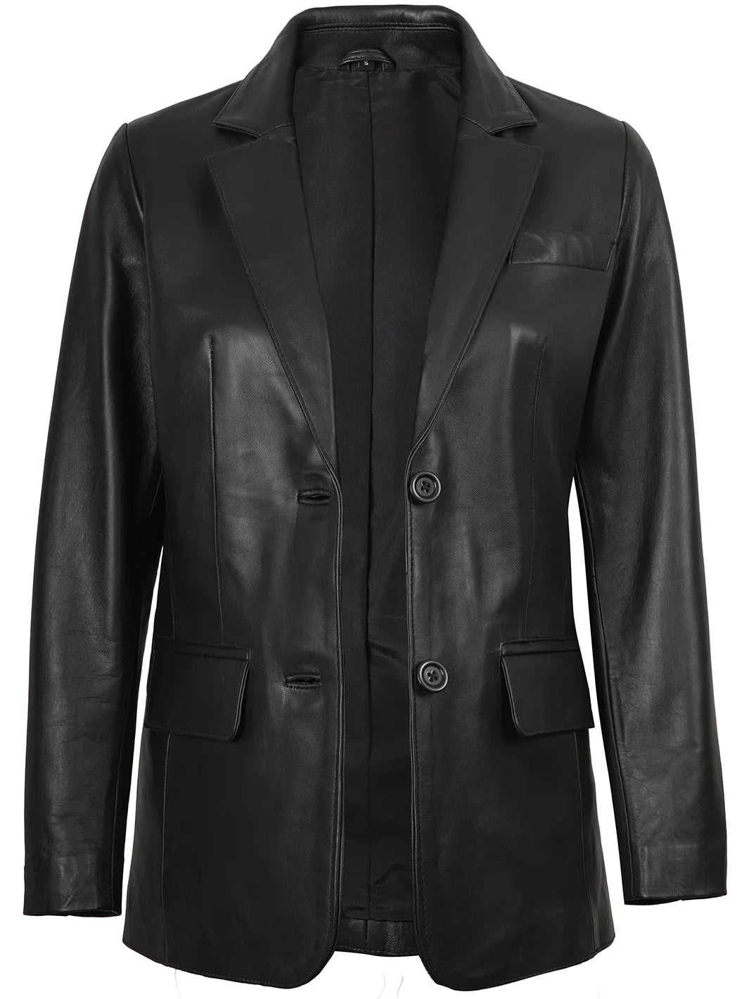 Women's Two Button Black Real Leather Blazer