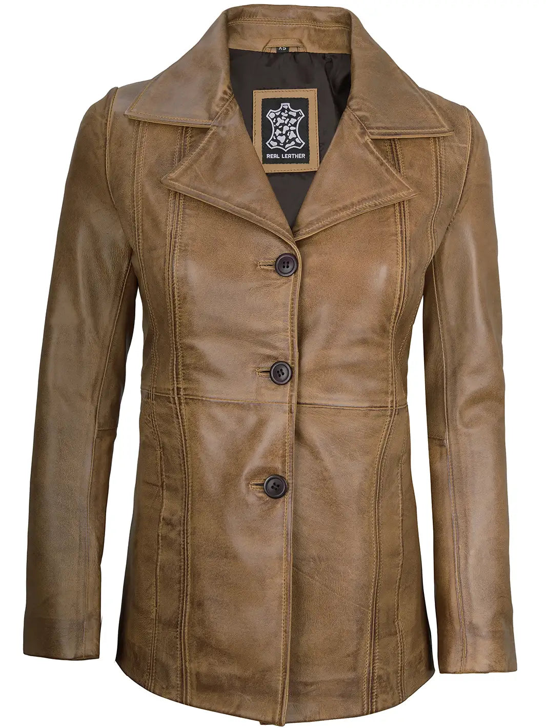 Camel Three Button Lambskin Leather Jacket Womens