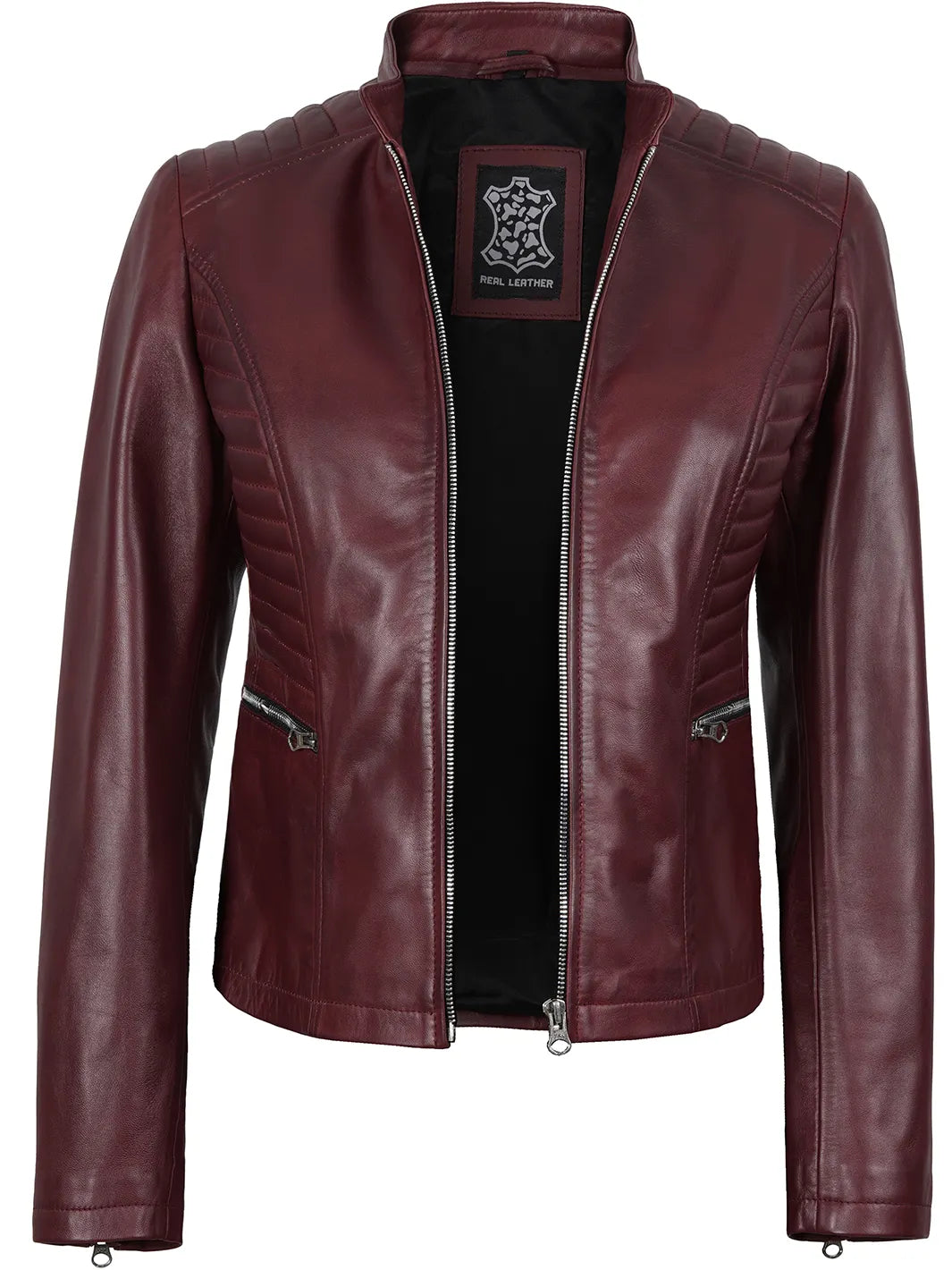 Women's Burgundy Cafe Racer Leather Jacket
