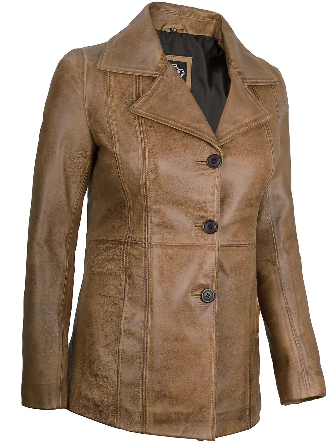 Camel Three Button Lambskin Leather Jacket Womens