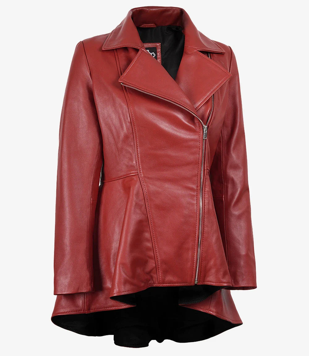 Clarissa Womens Red Asymmetrical Peplum Leather Jacket