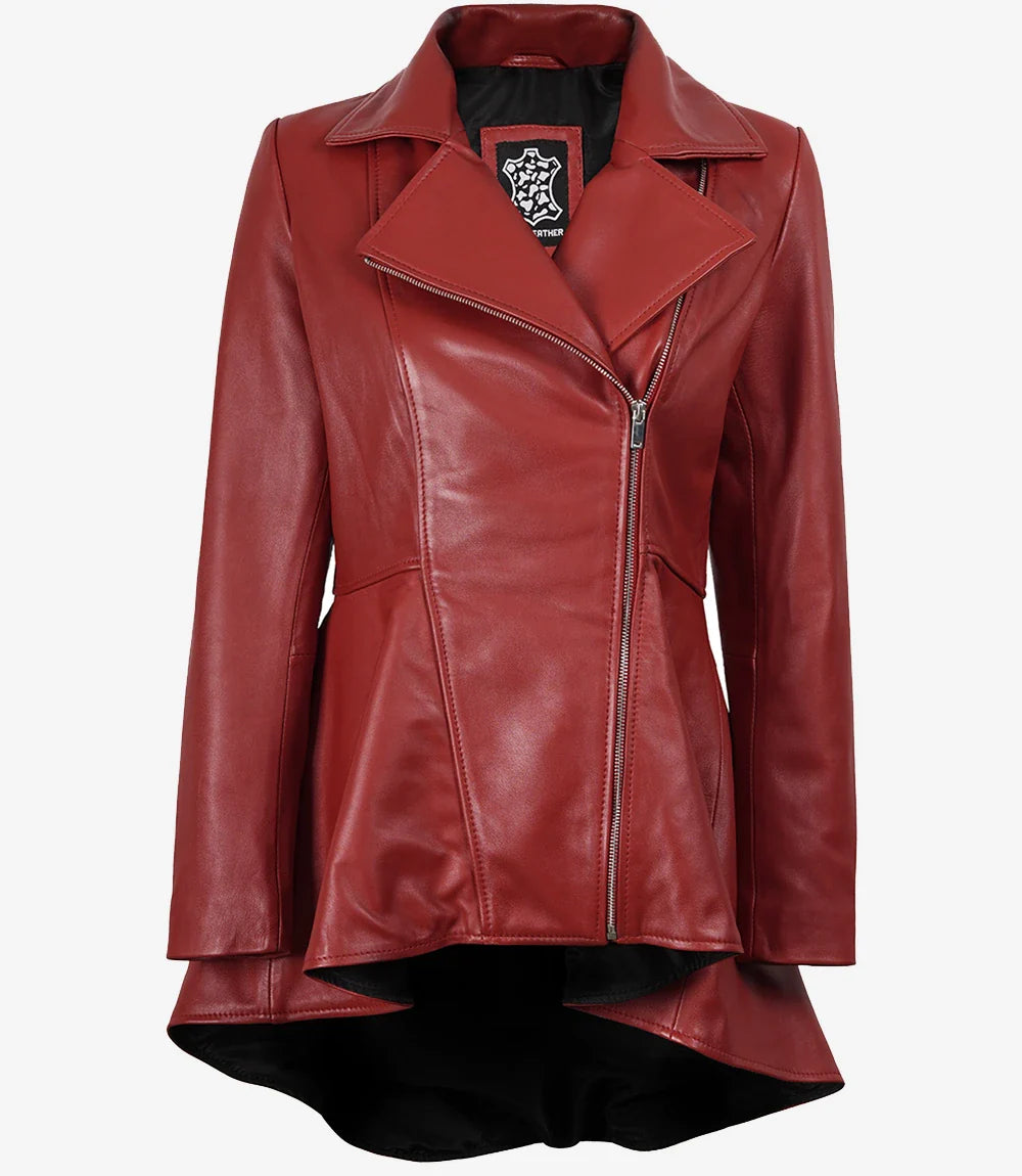 Clarissa Womens Red Asymmetrical Peplum Leather Jacket