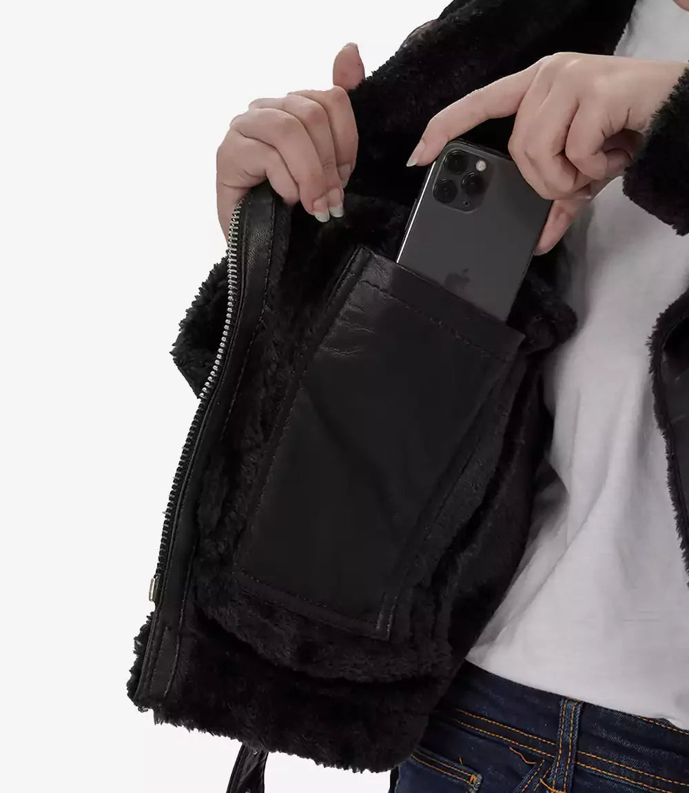 Women's Black Asymmetrical Shearling Leather Jacket