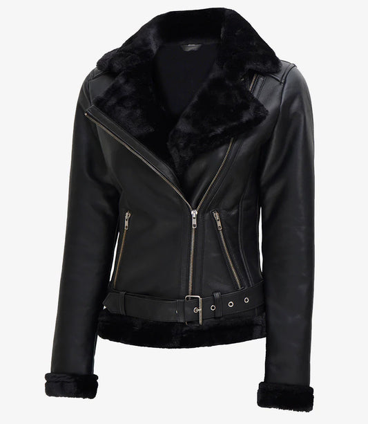 Women's Black Asymmetrical Shearling Leather Jacket