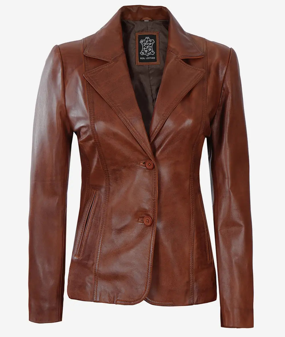Women's Two Button Cognac Leather Blazer