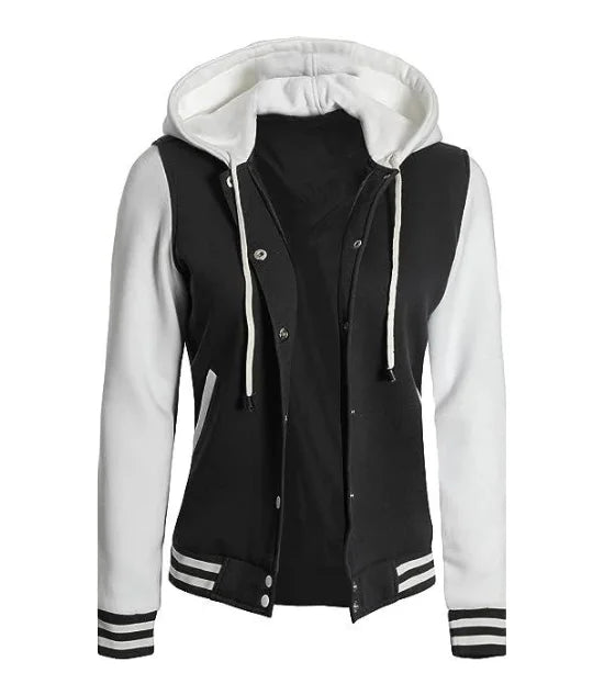 Women's Black and White Varsity Letterman Jacket with Hood