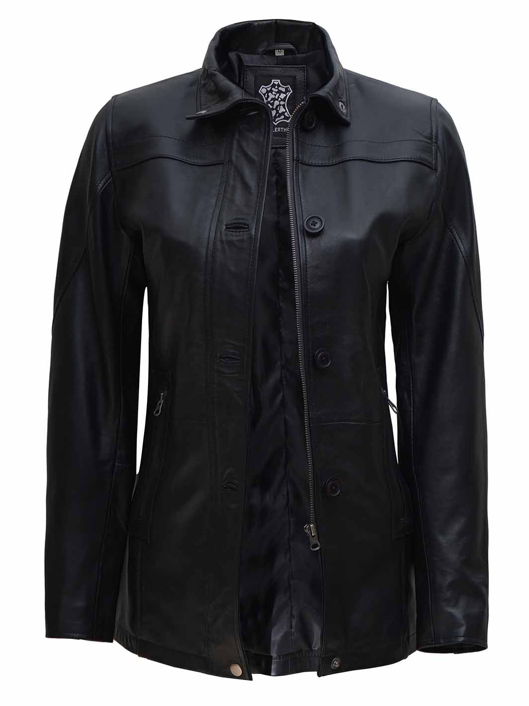 Womens Black 3/4 Length Real Leather Car Coat